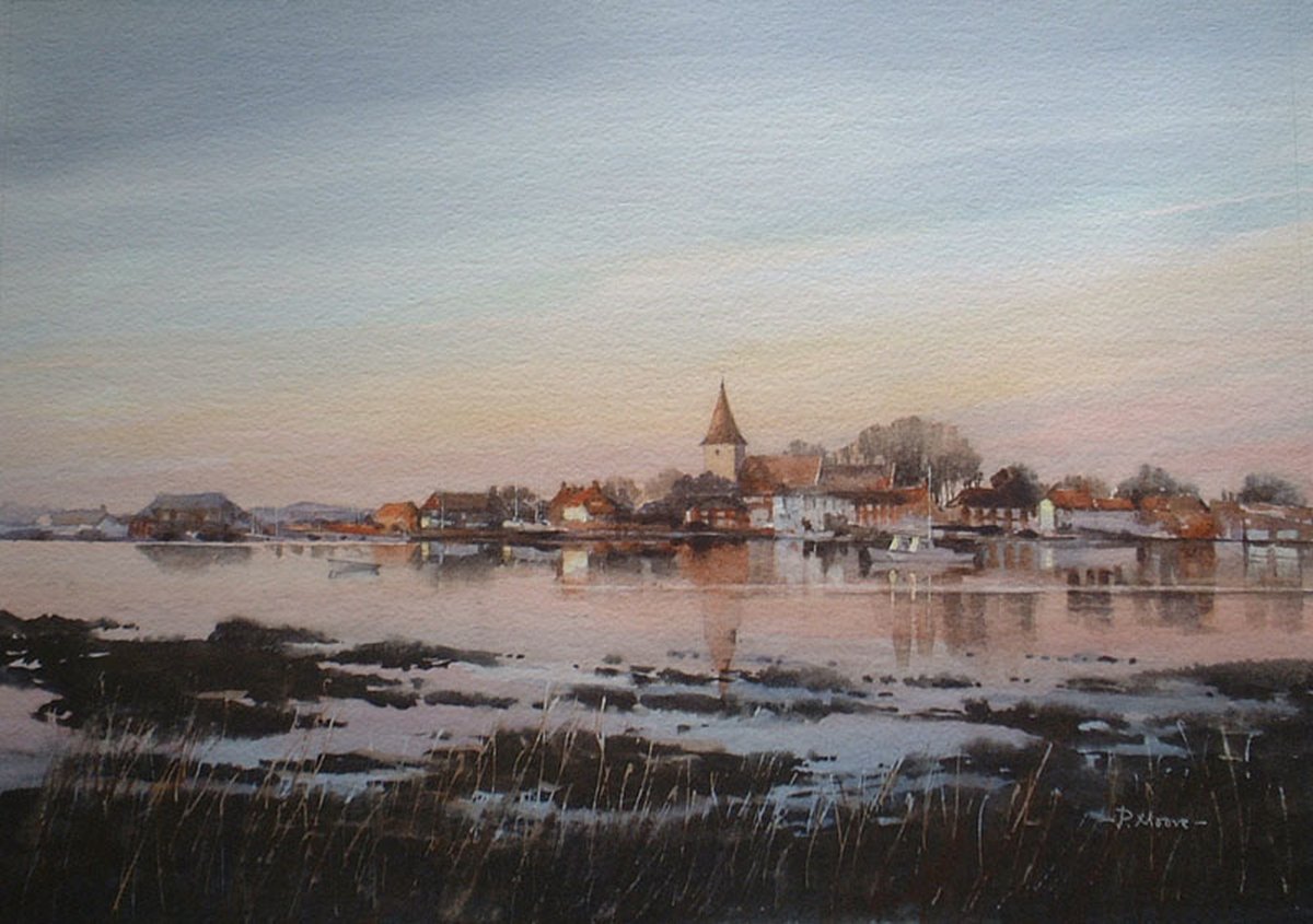 image shows: Bosham Sunset: Watercolour