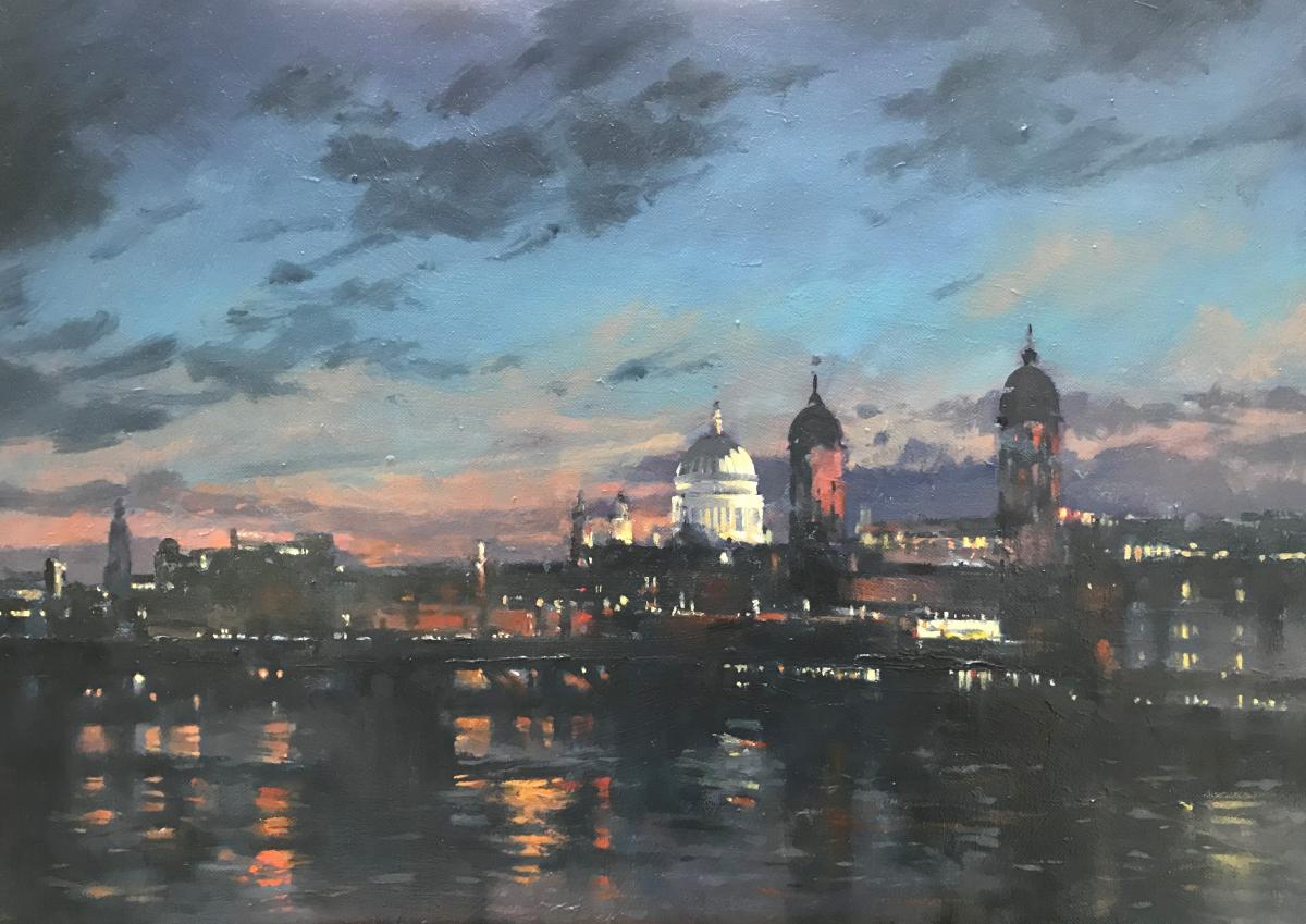 image shows: London Nights - The Light of St Paul's Cathedral:  Oil on Canvas