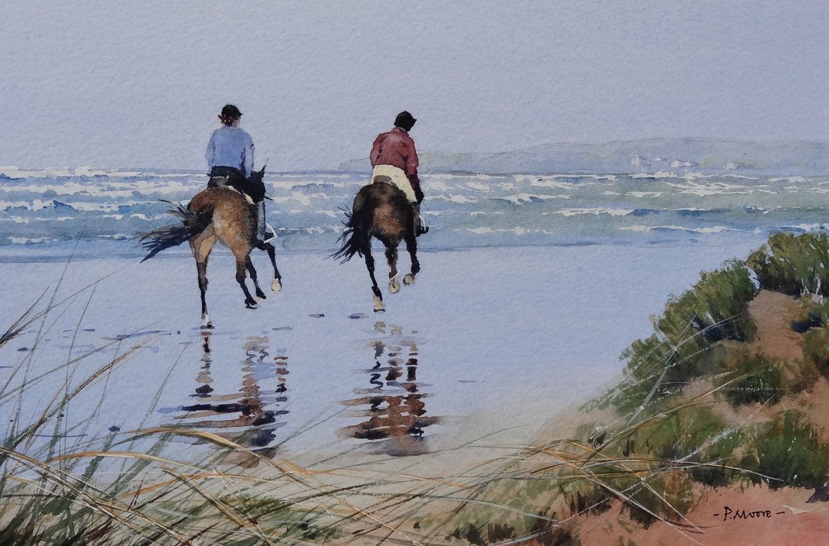 image shows: Riding Out across the Beach:  Watercolour