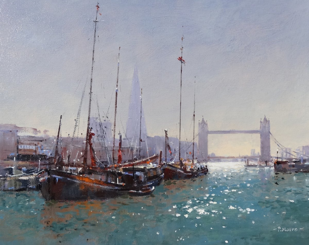 image shows: Thames Barges on the Thames:  Oil on Canvas