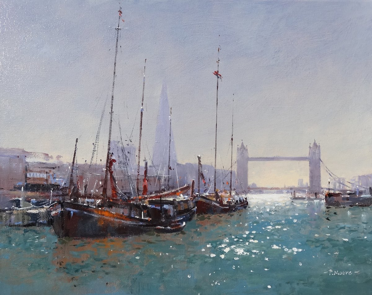 Thames Barges on The Thames. Oil on CanvasImage with link to high resolution version