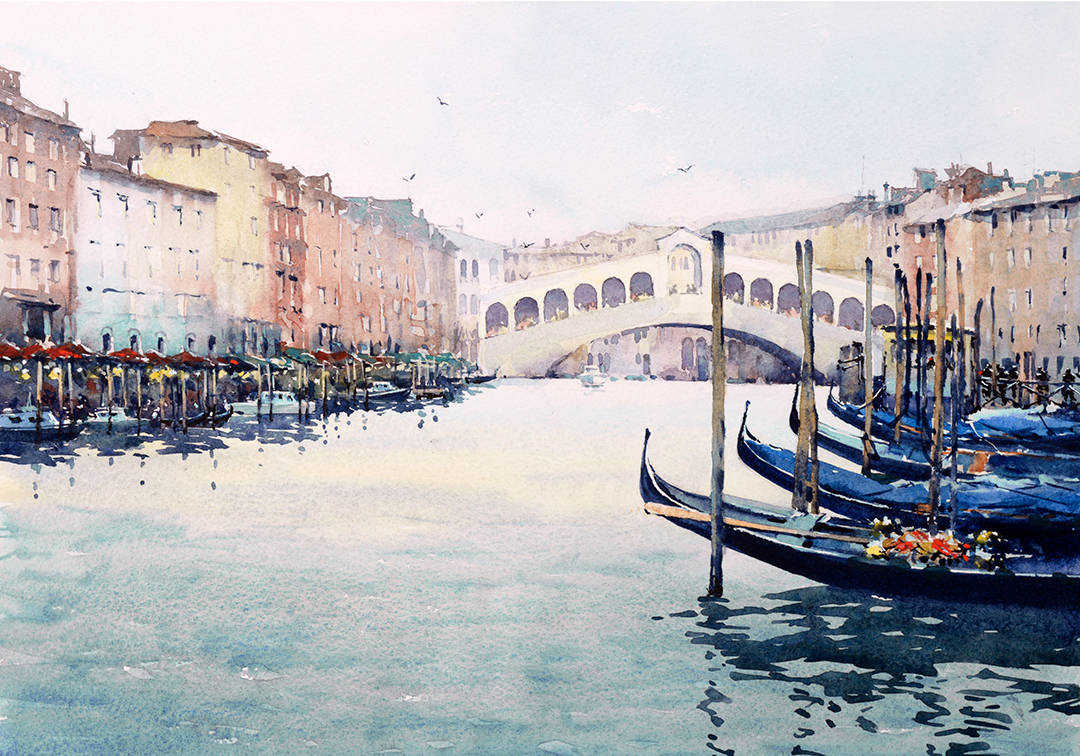 image shows: Rialto Bridge:   Watercolour